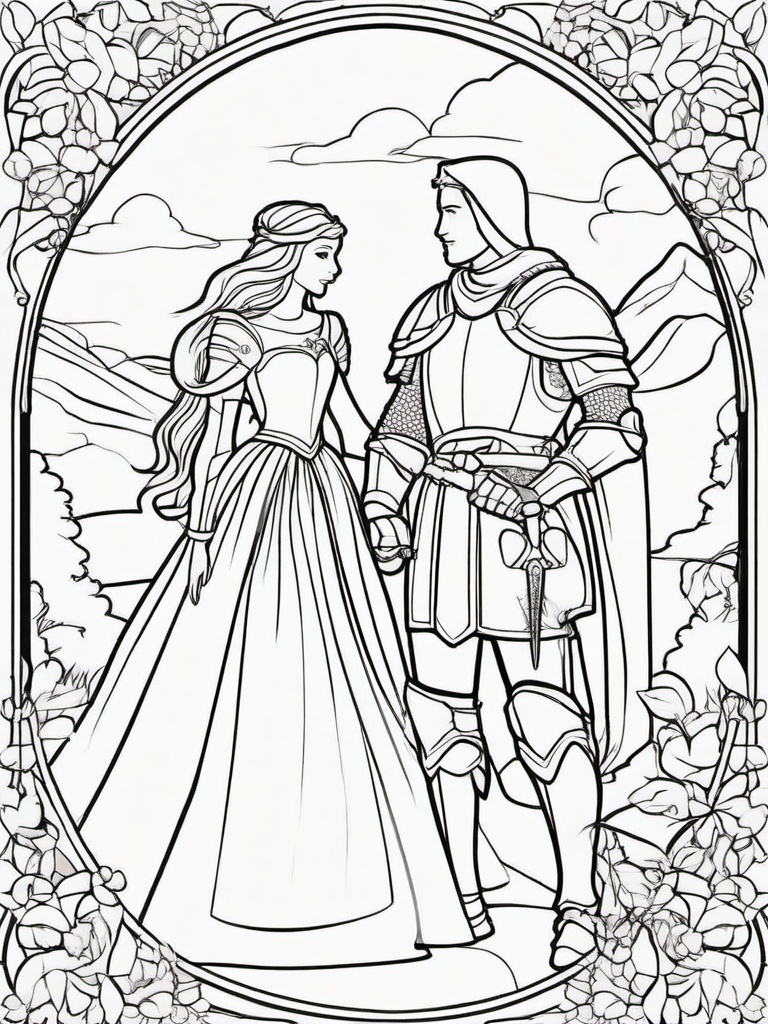 Knight and Princess Coloring Pages - Brave Knight with His Princess  minimal black outline printable sheet, coloring page