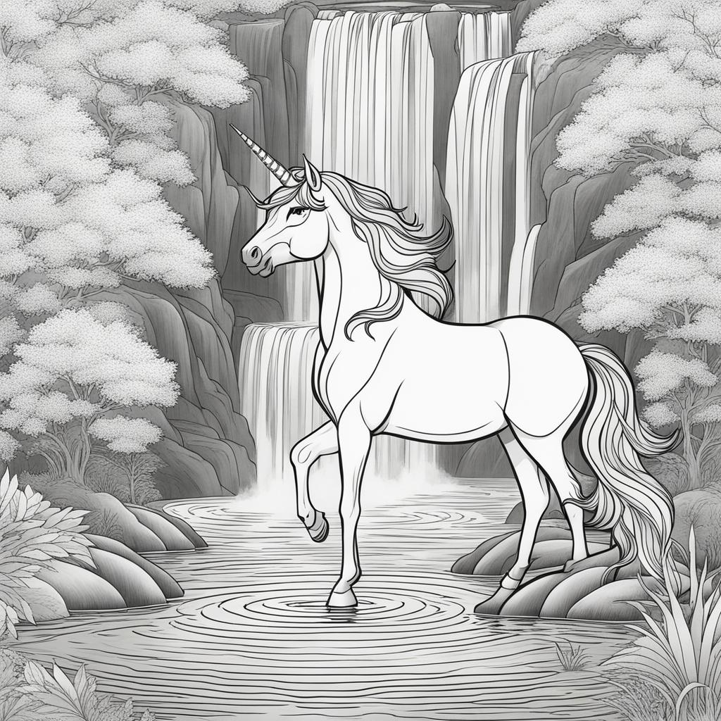 unicorn coloring pages - spiritual unicorn meditating beneath a tranquil waterfall, its aura in perfect harmony with nature. 