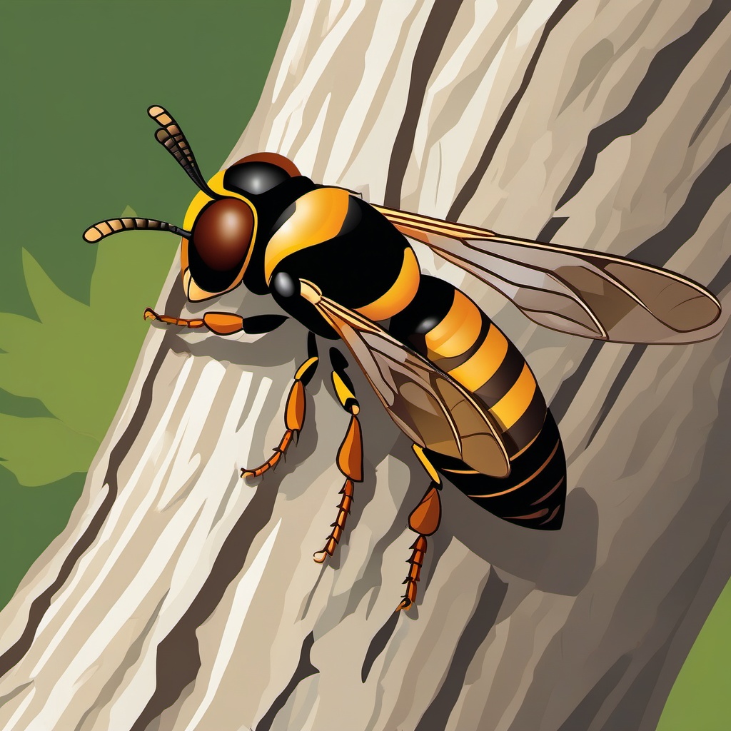 European Hornet Clip Art - A European hornet near a tree trunk,  color vector clipart, minimal style