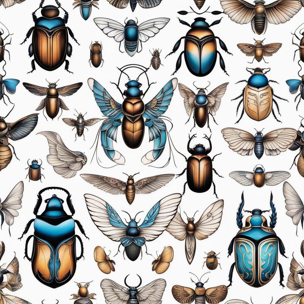 Scarab beetle tattoos, Tattoos inspired by the symbolism and beauty of scarab beetles. colors, tattoo patterns, clean white background