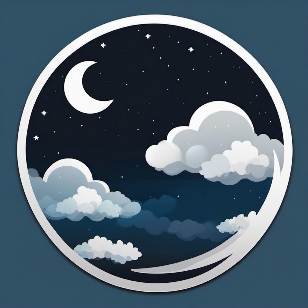 Moon and Clouds at Night Sticker - Crescent moon surrounded by nighttime clouds, ,vector color sticker art,minimal