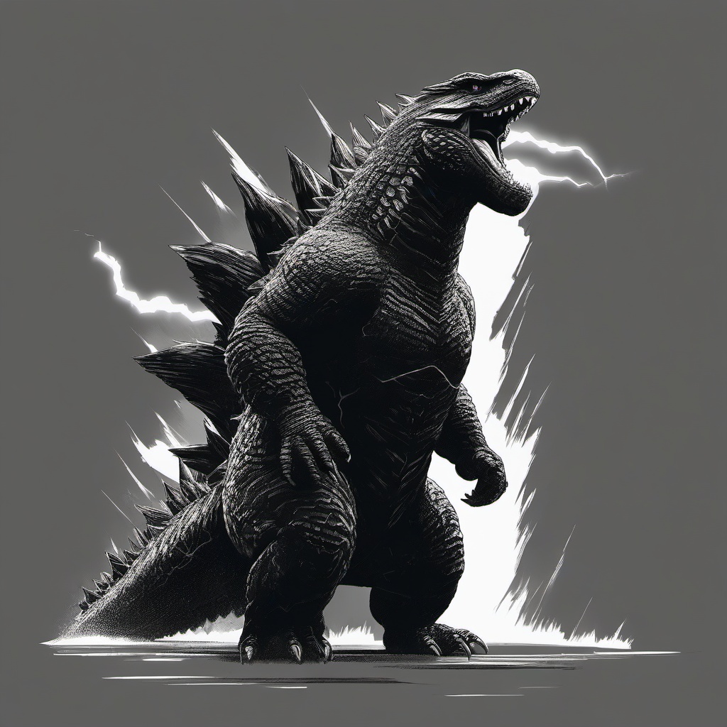 drawing of Godzilla with lightning  minimal rough sketch scribbles,doodles,black and white