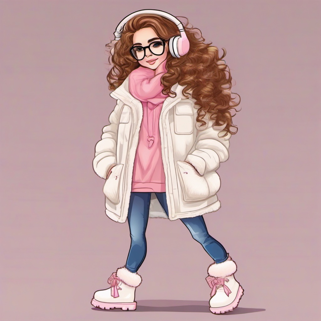 A girl with long fluffy curly light brown hair, white head phones with pink bows, baggy jeans, chestnut platform ultra mini classic uggs, clear glasses (big) ,white belly shirt, puffy beige jacket (open)   , vector illustration, clipart