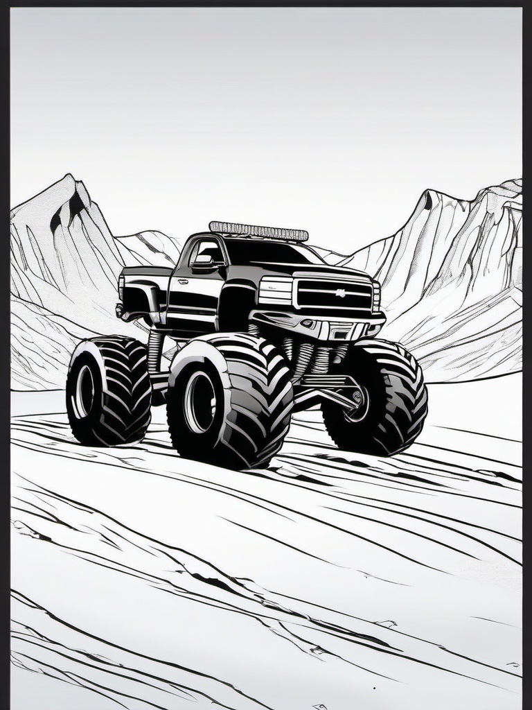 Monster Truck in Arctic Landscape Coloring Pages - Trucks Racing Through Snowy Terrain  minimal black outline printable sheet, coloring page