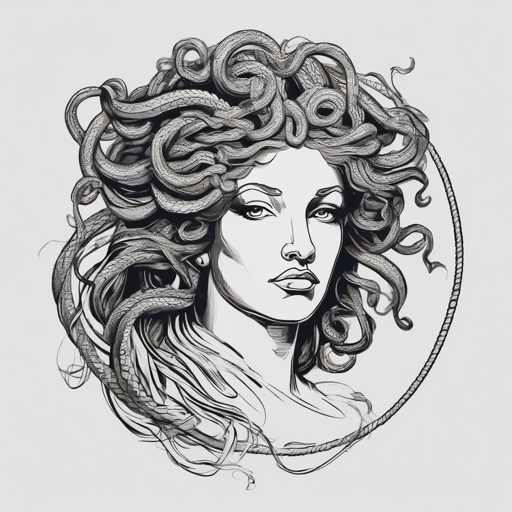 drawing of Medusa in Greek mythological style  minimal rough sketch scribbles,doodles,black and white