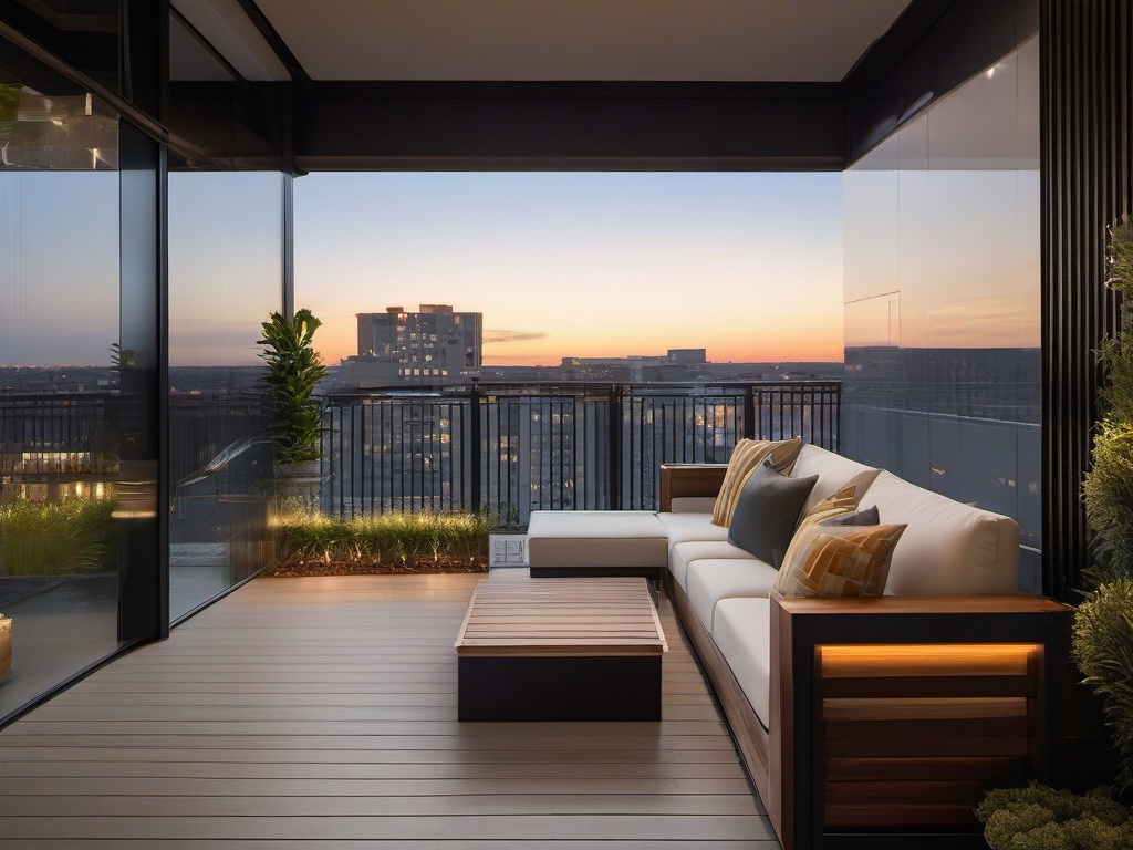 The balcony showcases urban modern interior design with contemporary seating, clean lines, and an inviting atmosphere that creates a perfect space for relaxation and enjoyment.  