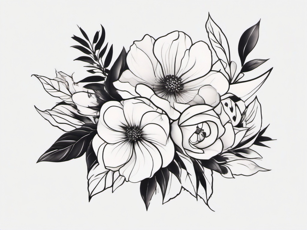 Flower Tattoo Flash - Flash-style tattoo featuring ready-made floral designs.  simple color tattoo,minimalist,white background