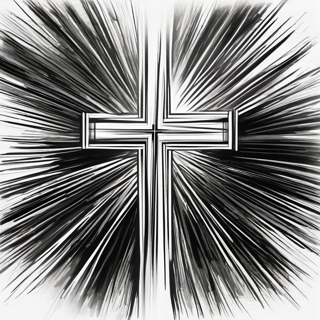 drawing of a cross with rays of light  minimal rough sketch scribbles,doodles,black and white