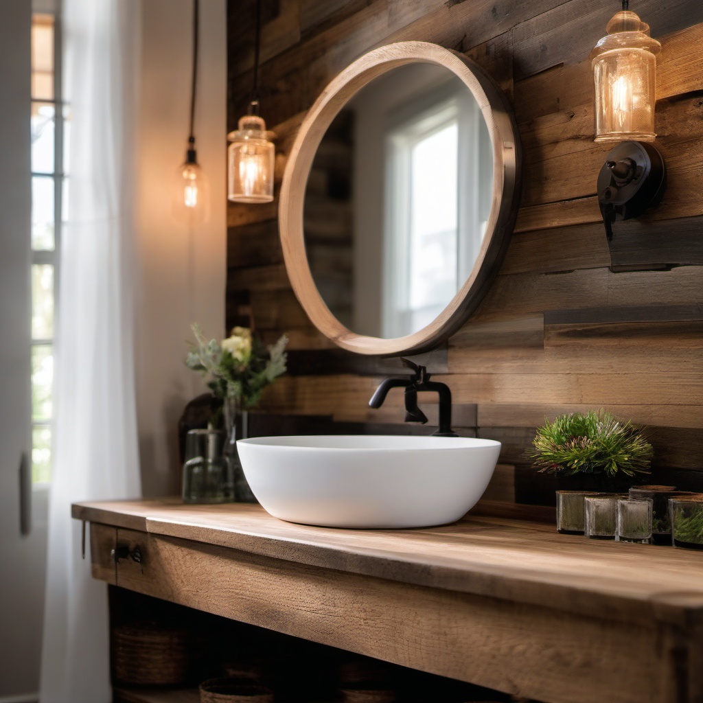 Rustic Powder Room - Rustic charm to your powder room with reclaimed wood and farmhouse sink. realistic, professional photography, bokeh, natural lighting, canon lens, shot on dslr 64 megapixels sharp focus