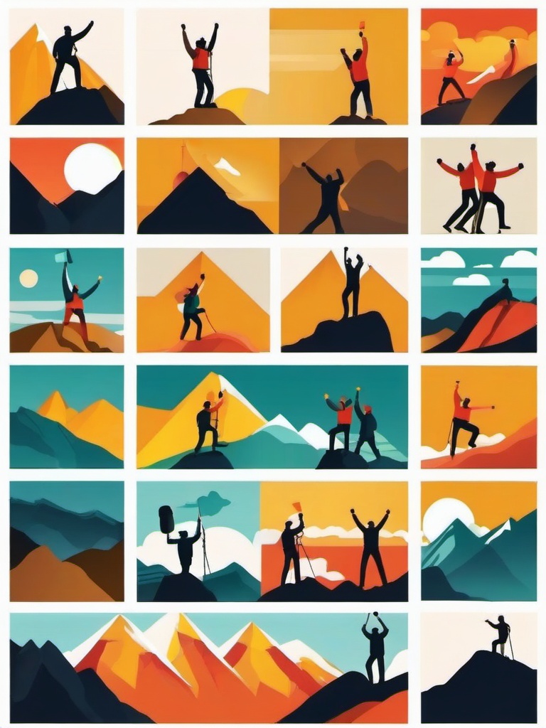 Mountain Climbing Summit Achievement Clipart - Climbers celebrating their achievement at the summit.  color vector clipart, minimal style