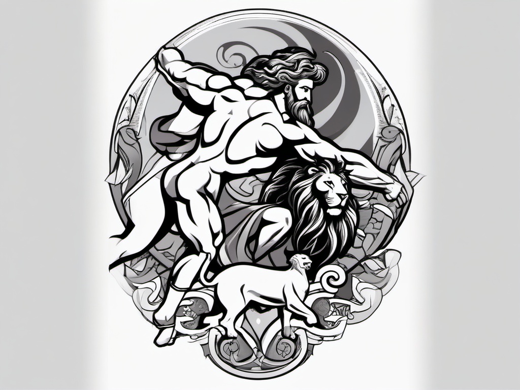 Hercules and Lion Tattoo - Showcase the iconic moment of Hercules defeating the Nemean lion with a tattoo, symbolizing triumph over adversity.  simple color tattoo, minimal, white background