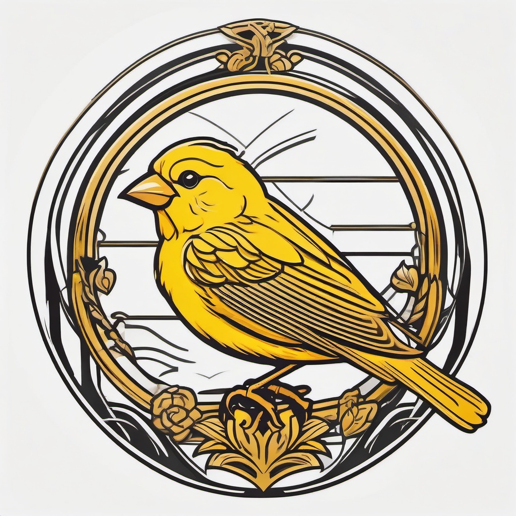 Canary Tattoo - Cheerful canary singing in a golden cage, emblem of joy  few color tattoo design, simple line art, design clean white background