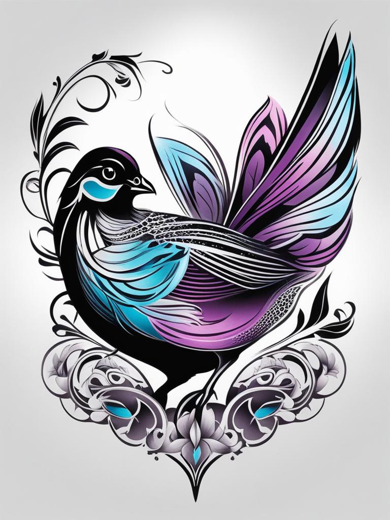 Quail tattoo, Tattoos featuring the charming quail bird in various artistic styles.  viviid colors, white background, tattoo design