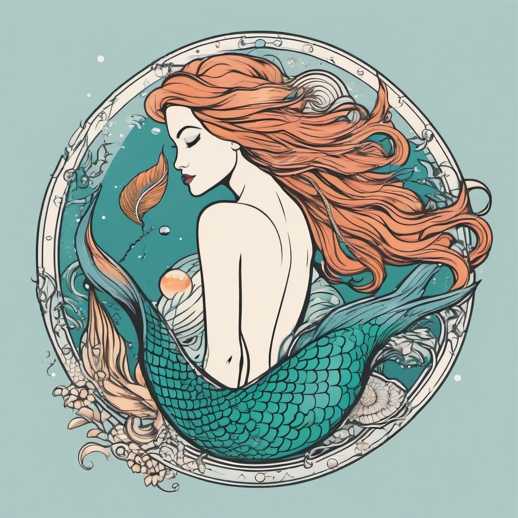 Mermaid Pisces Tattoo - Connect with zodiac symbolism by incorporating a mermaid into a Pisces tattoo.  simple vector color tattoo,minimal,white background