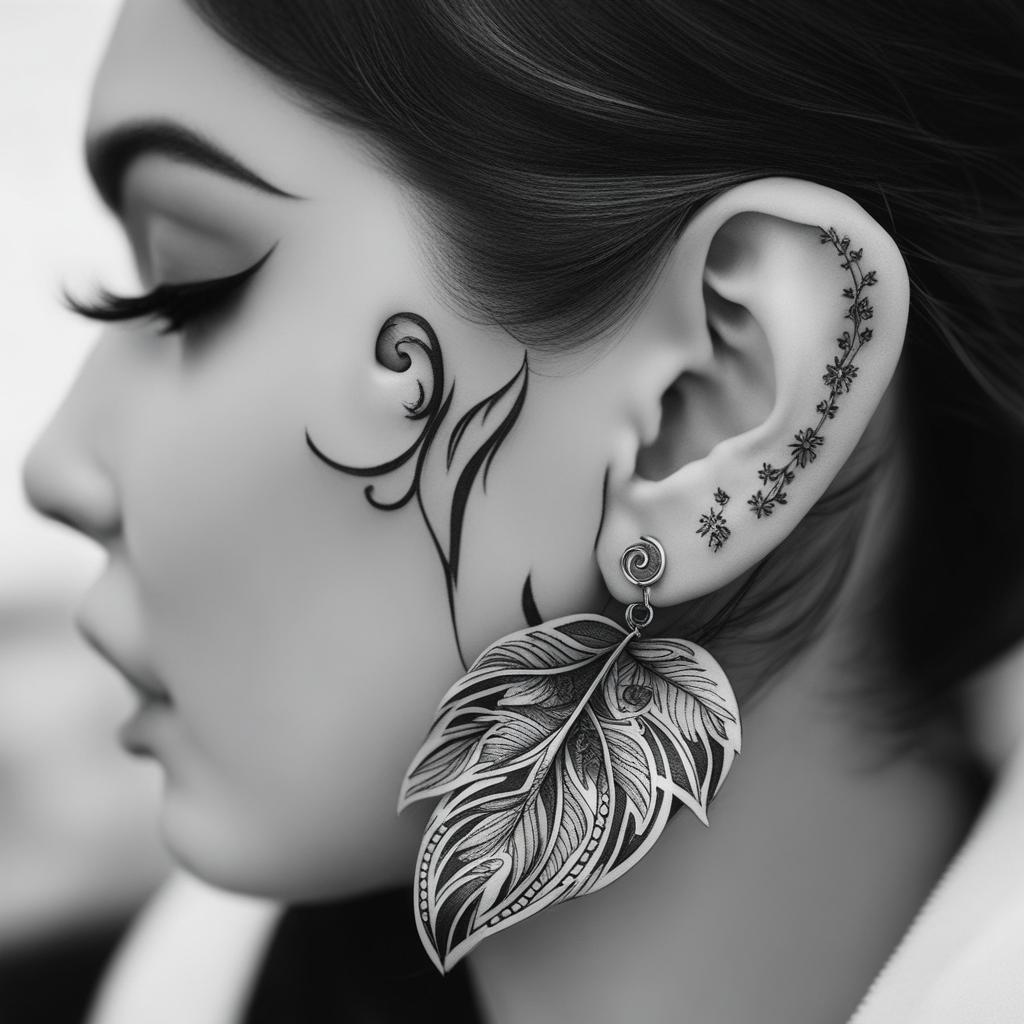 ear tattoos black and white design 