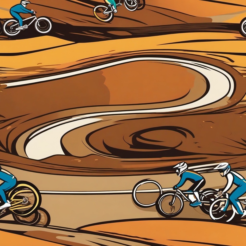 BMX Racing Dirt Track Clipart - BMX racers speeding along a challenging dirt track.  color vector clipart, minimal style