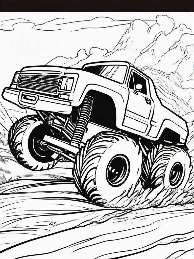 Monster Truck Racing in Muddy Terrain Coloring Pages - Trucks Kicking Up Dirt and Mud  minimal black outline printable sheet, coloring page