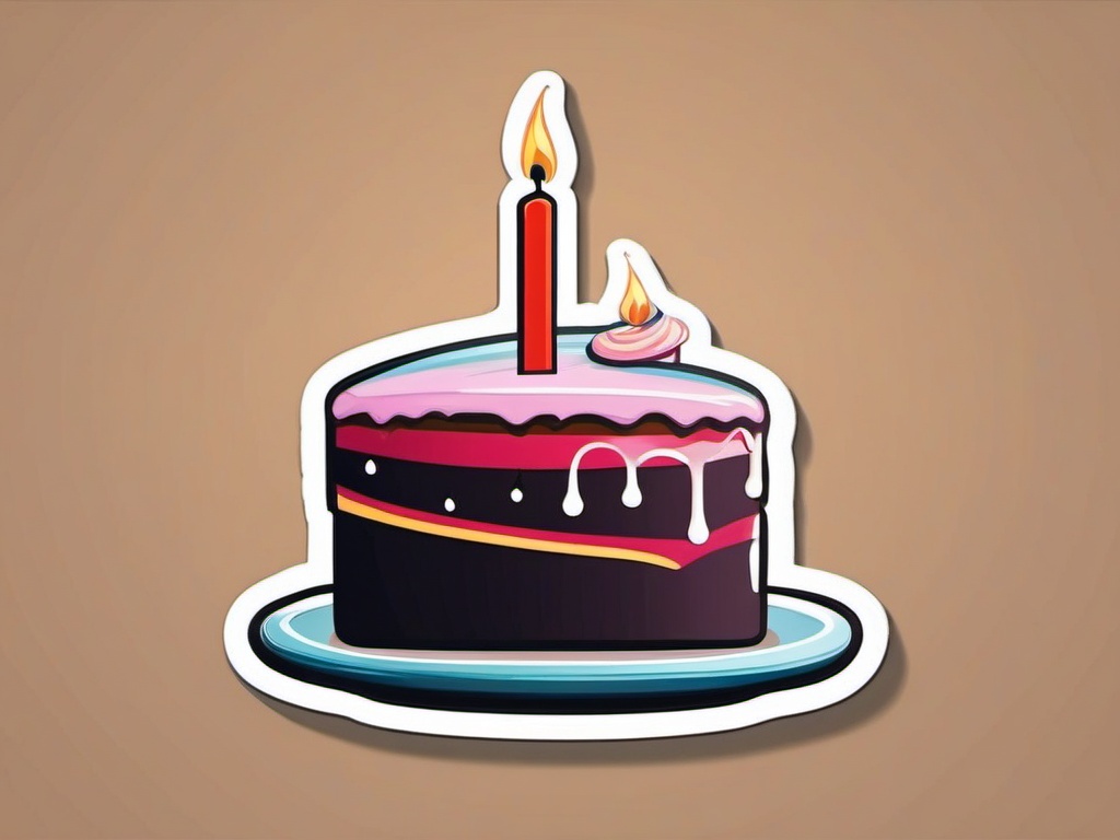 Cake with Candle Sticker - Cake adorned with a lit birthday candle, ,vector color sticker art,minimal