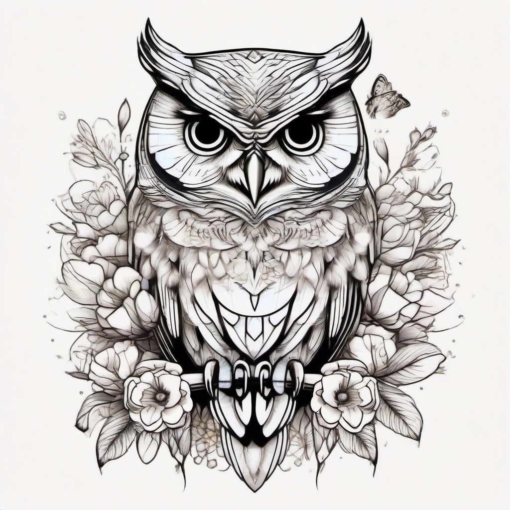 Owl with flowers   ,tattoo design, white background