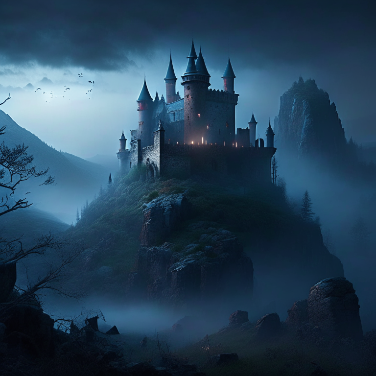 wraiths haunting an abandoned, candlelit castle on a desolate hillside. 