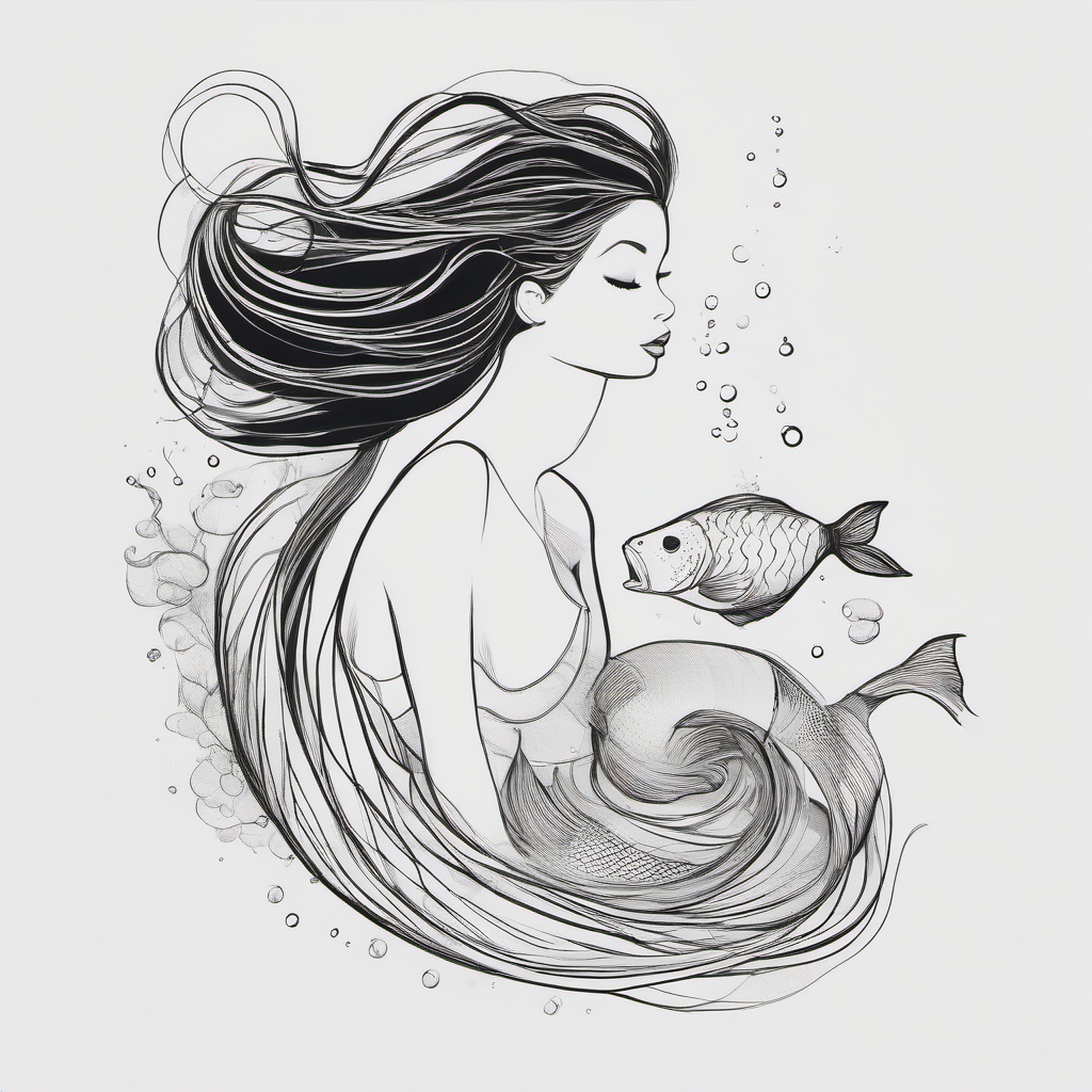 drawing of a mermaid with a fish  minimal rough sketch scribbles,doodles,black and white