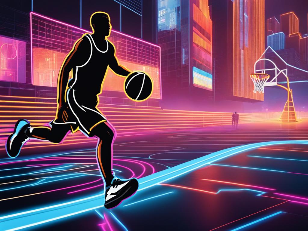 basketball clip art,dribbling through a neon-lit city court 