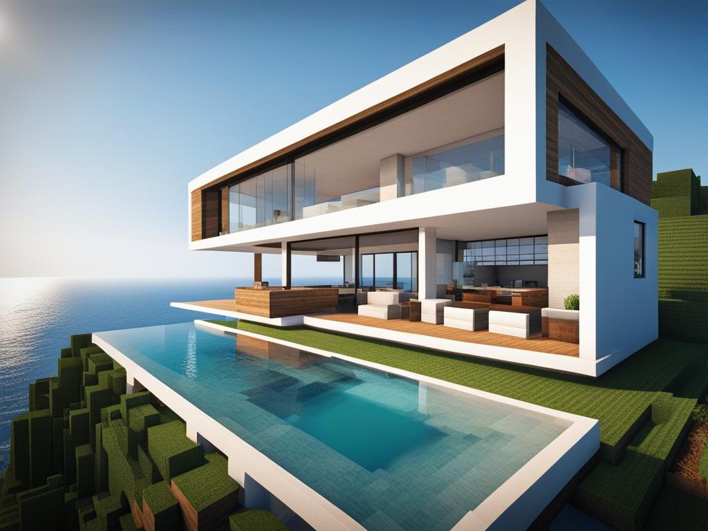 modern beach house with floor-to-ceiling windows and ocean panoramas - minecraft house ideas minecraft block style