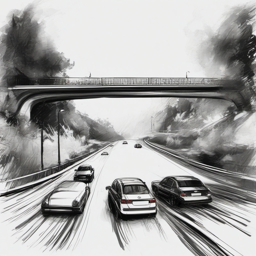 drawing of a bridge with cars passing over  minimal rough sketch scribbles,doodles,black and white