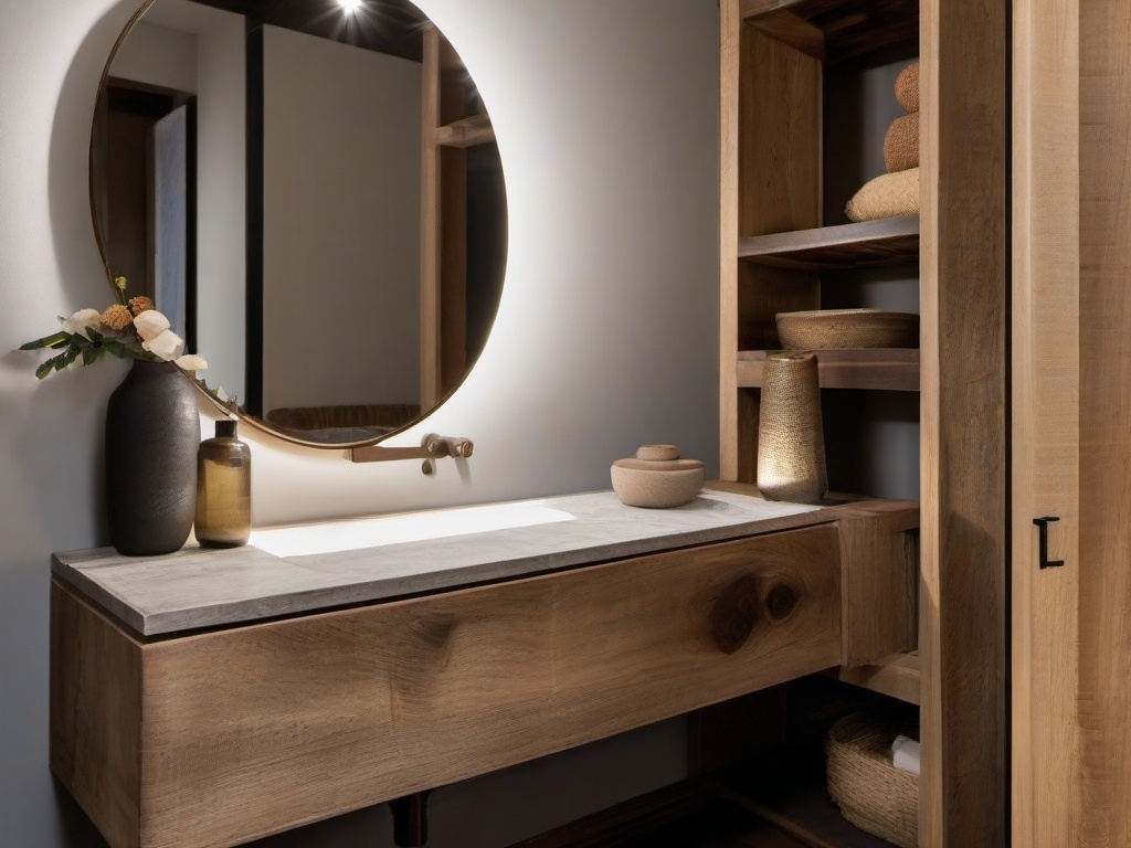 In the powder room, Wabi Sabi interior design includes simple fixtures, natural elements, and earthy decor that transform a small space into a serene experience.  