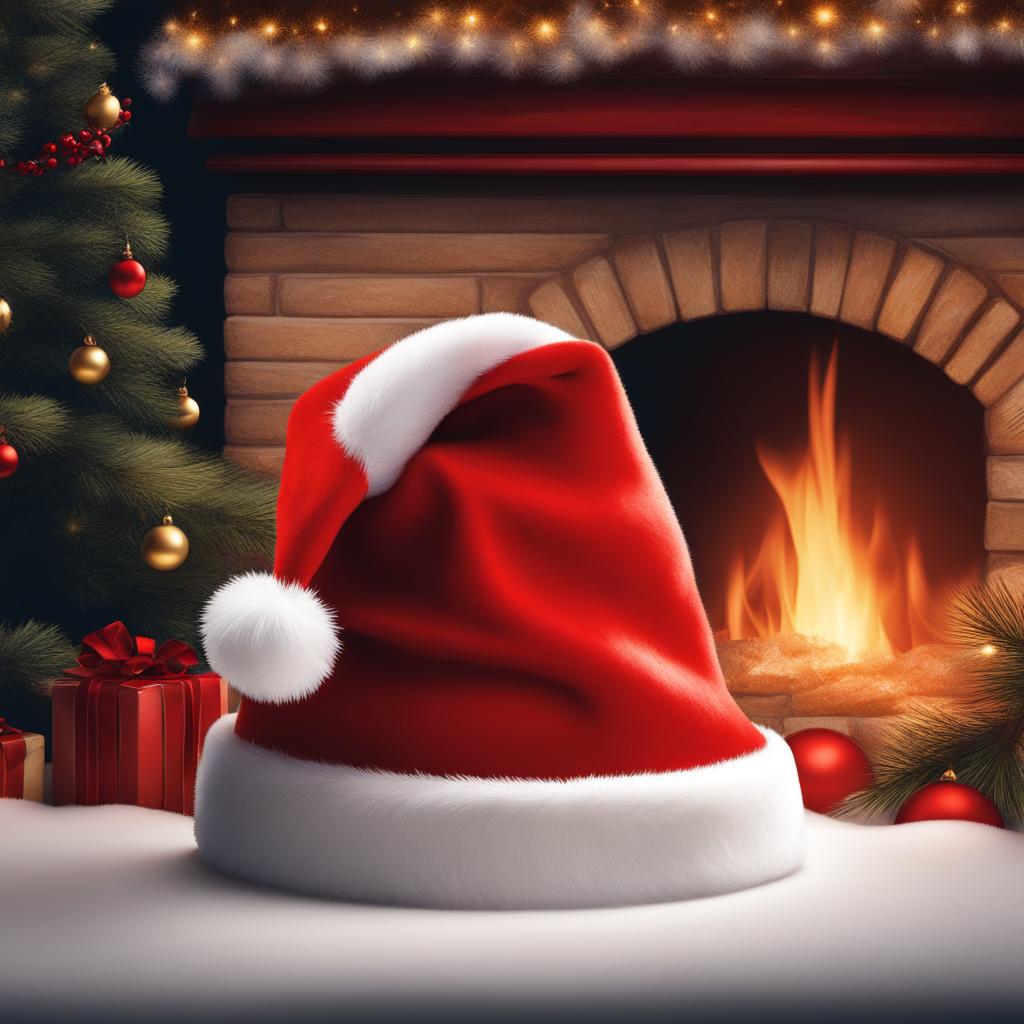 santa hat clipart - santa's iconic red hat, crowned with snowy fluff, perched by a roaring fireplace 