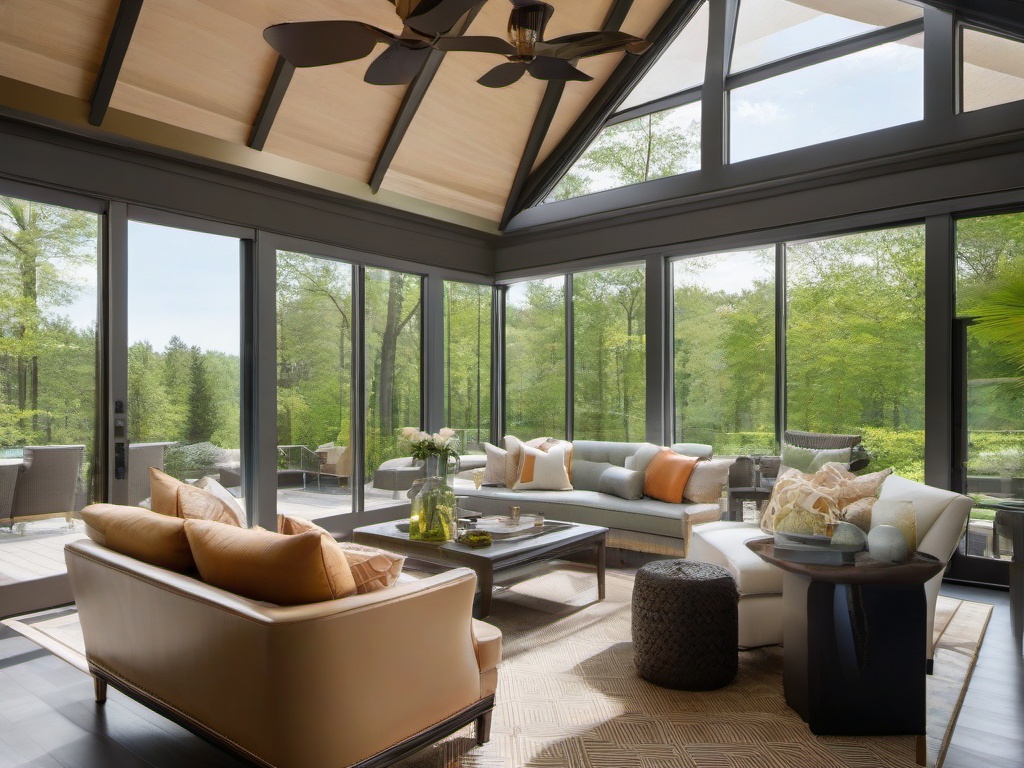 A sunroom with High Tech interior design highlights large windows, automated shading, and modern furniture that create a bright and airy space to enjoy the beauty of the outdoors.  