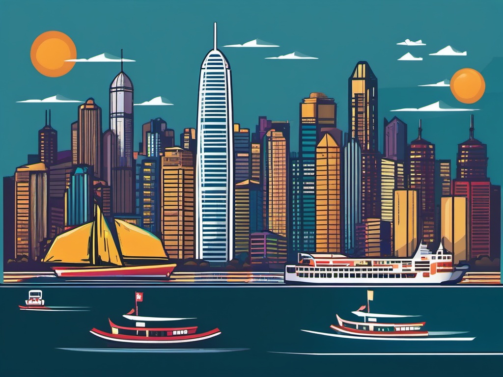 Hong Kong clipart - Hong Kong skyline with Victoria Harbour,  color clipart, vector art