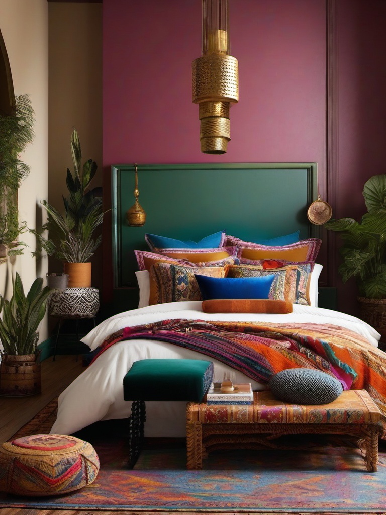 Bohemian Eclectic Bedroom - Blend various cultures and styles for an eclectic bedroom. , bedroom interior decor design ideas, multicoloured, photo realistic, hyper detail, high resolution,