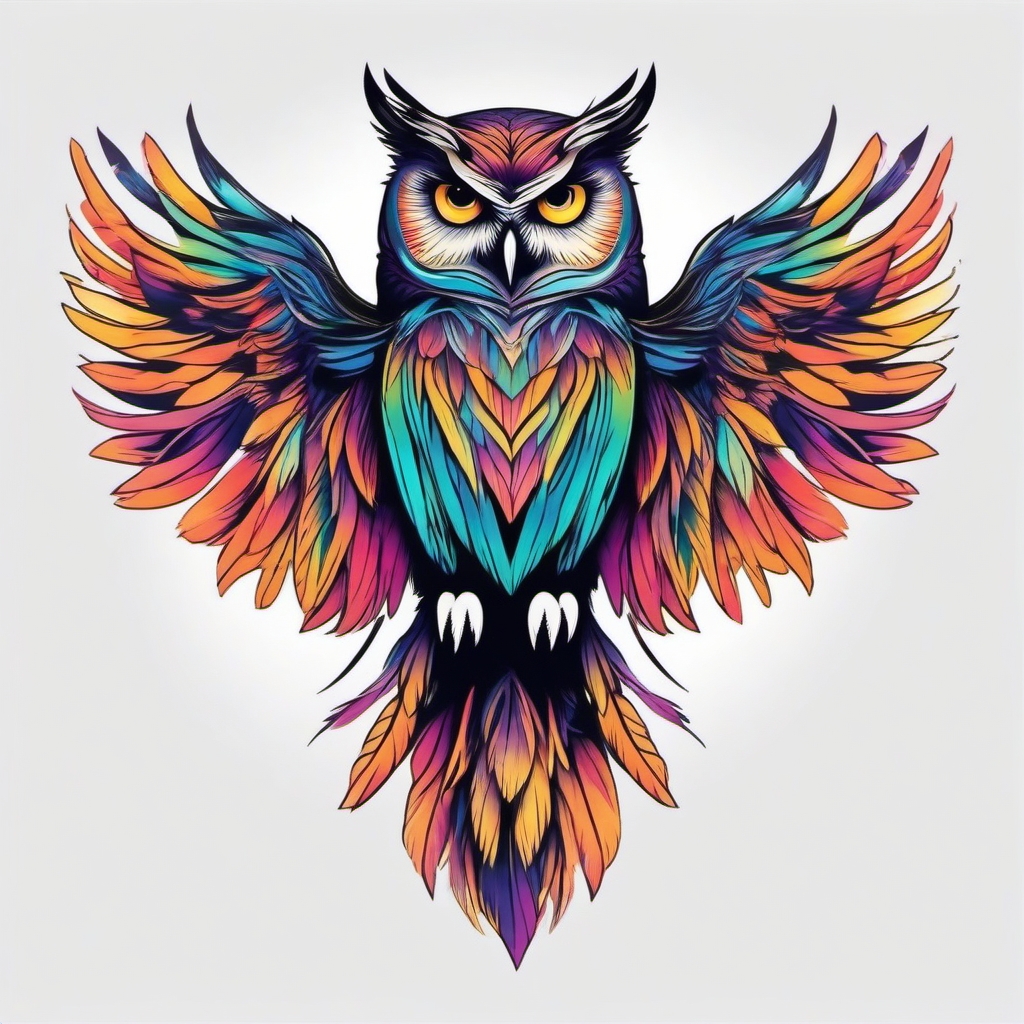 Owl tattoo with vibrant, aurora-colored feathers in flight.  color tattoo style, minimalist design, white background