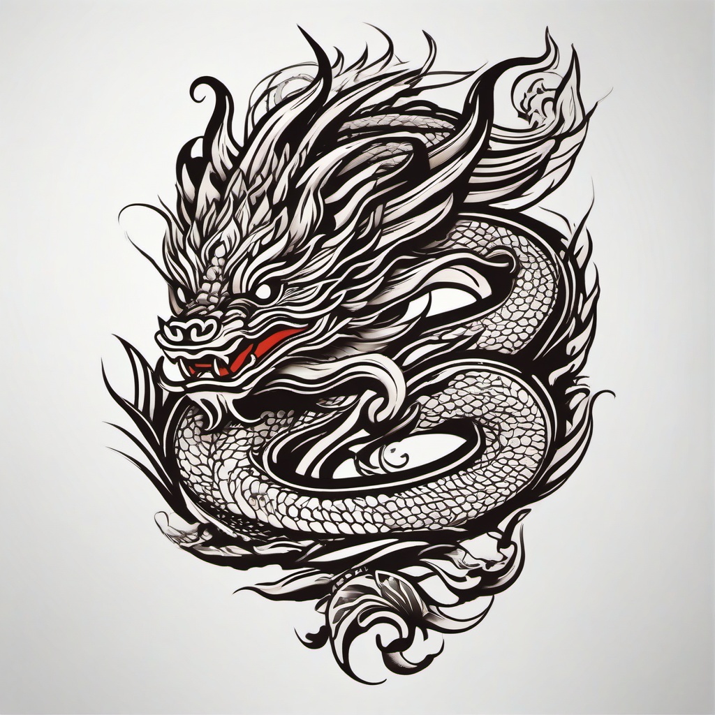 Balinese Dragon Tattoo - Dragon tattoo inspired by the artistic style of Bali, Indonesia.  simple color tattoo,minimalist,white background