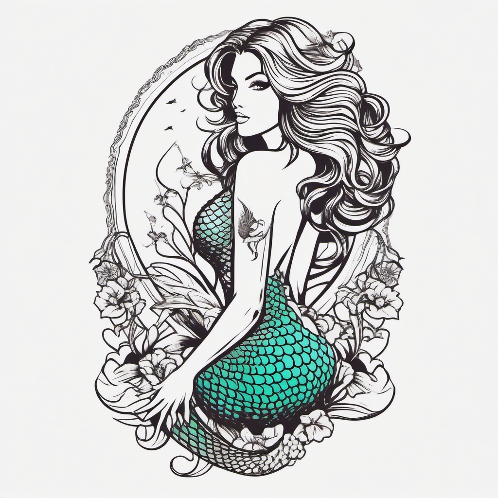 Sexy Mermaid Tattoo - Infuse sensuality and allure with a tattoo featuring a sexy and captivating mermaid design.  simple vector color tattoo,minimal,white background