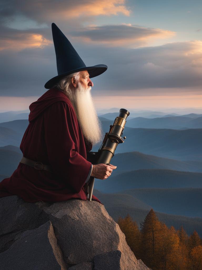 wise old wizard gazing at the cosmos through a telescope in a tower atop a mountain. 