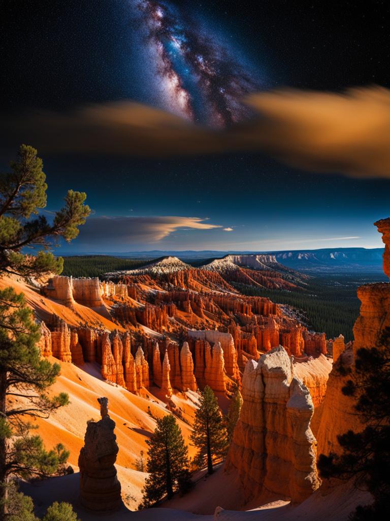 bryce canyon national park - create a surreal night painting of bryce canyon, with its famous hoodoos and natural amphitheaters bathed in starlight. 