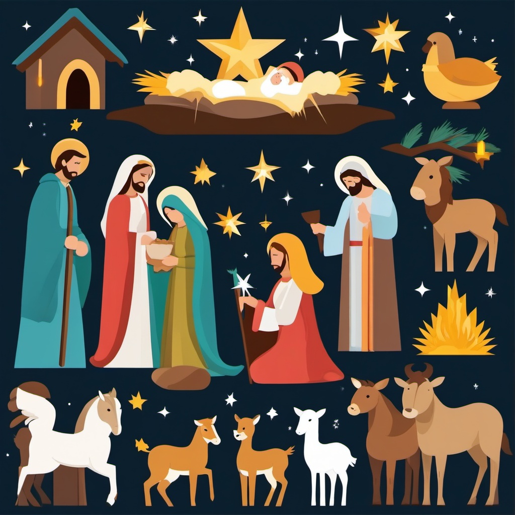 Nativity set clipart, A complete nativity set featuring the Holy Family.  simple, 2d flat