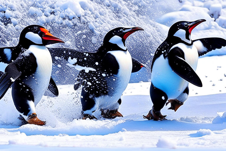 penguins attempting a synchronized ballet on an icy stage, slipping and sliding comically. 