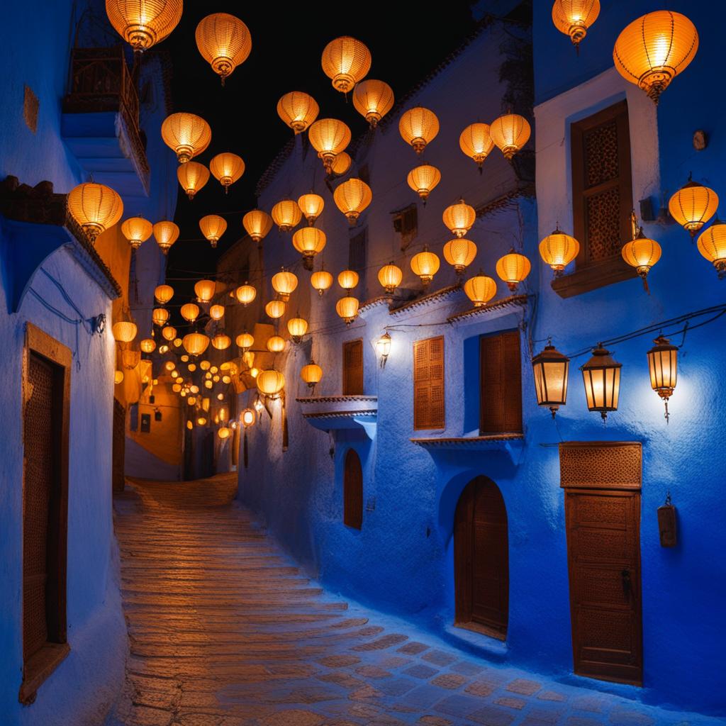 chefchaouen, morocco - paint the blue city of chefchaouen, where narrow streets are bathed in the soft glow of lanterns, creating an enchanting atmosphere. 