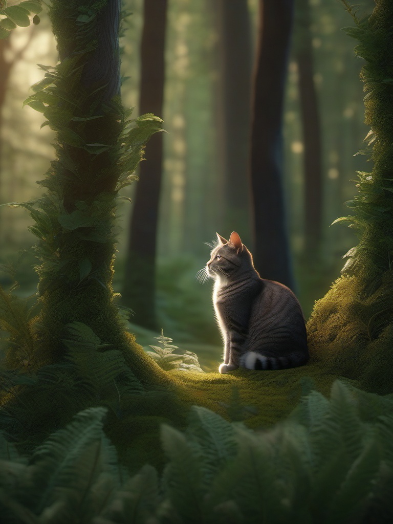 Talking cat offers sage advice to a lonely musician searching for inspiration in a hidden forest grove.  8k, hyper realistic, cinematic