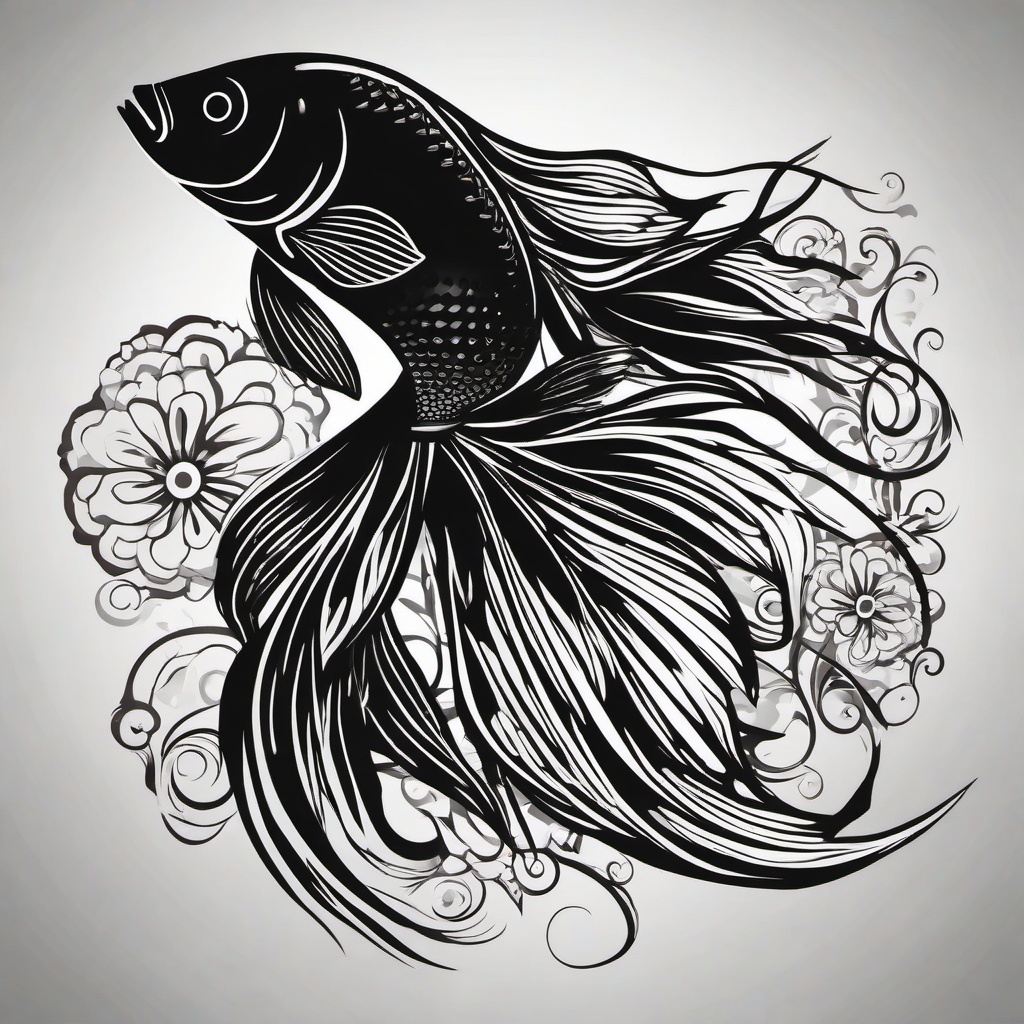 Black Betta Fish Tattoo-Bold and dynamic tattoo featuring a black Betta fish, capturing the vibrant and majestic appearance of this unique fish.  simple color vector tattoo