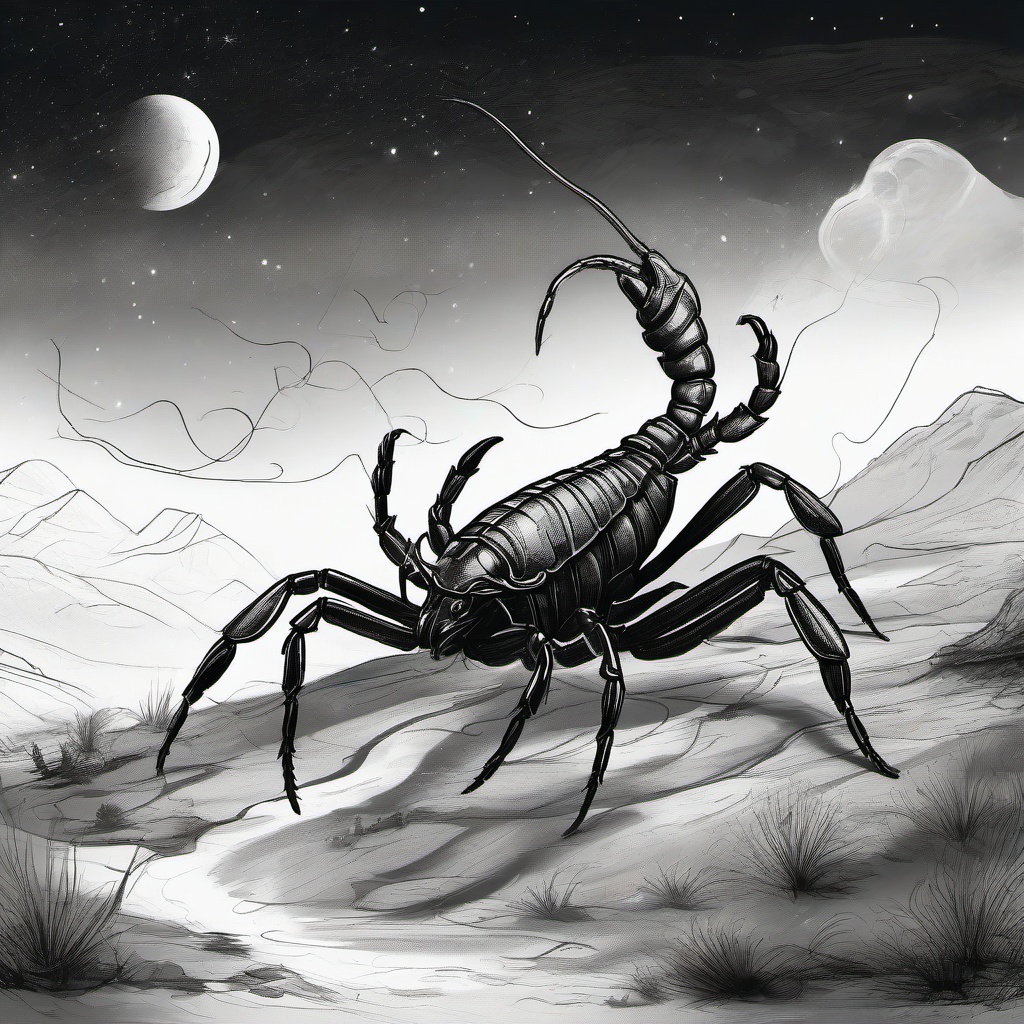 drawing of a scorpion in a mystical scene  minimal rough sketch scribbles,doodles,black and white