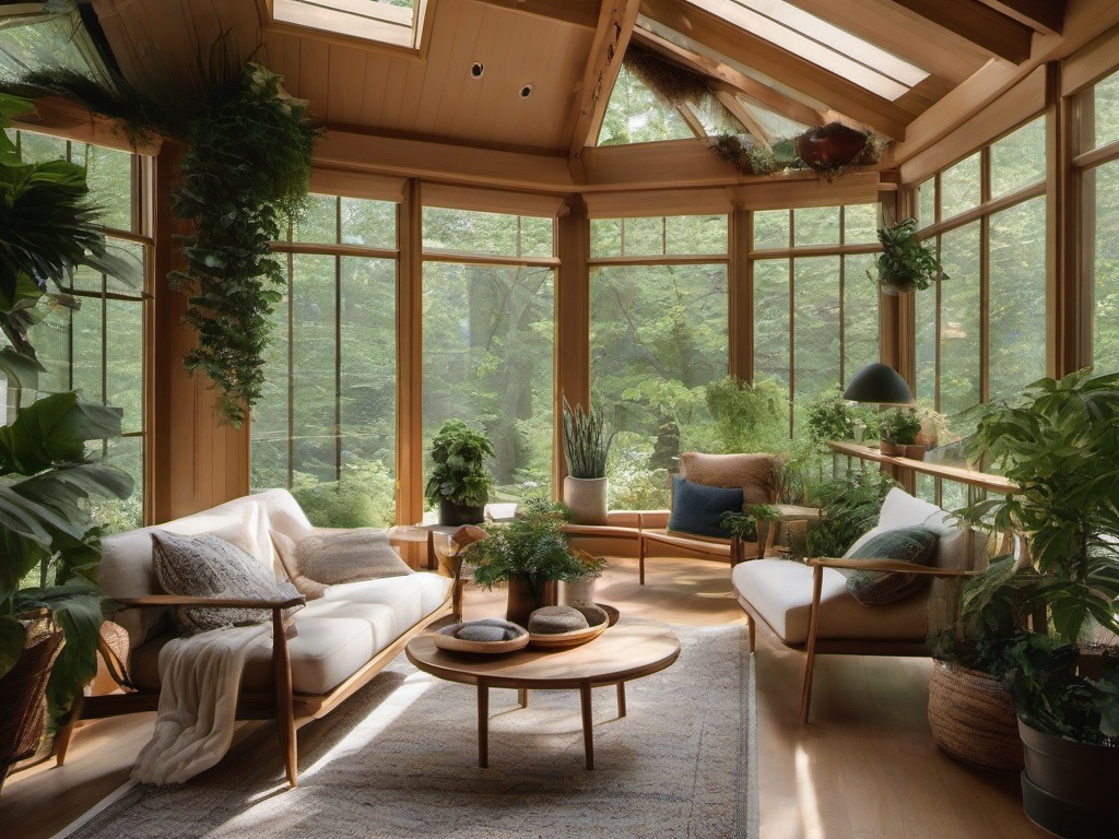 Biophilic interior design in the sunroom showcases large windows, natural materials, and a variety of plants, creating a bright and airy space that feels like a garden retreat.  