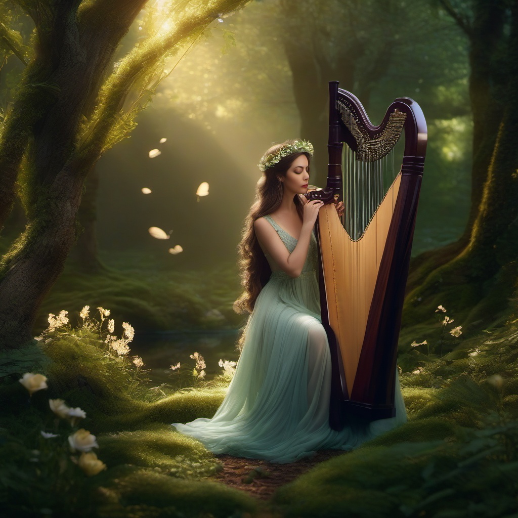 In a hidden glade, nymph weaves enchanting melodies on a magical harp, creating an eternal spring.  8k, hyper realistic, cinematic