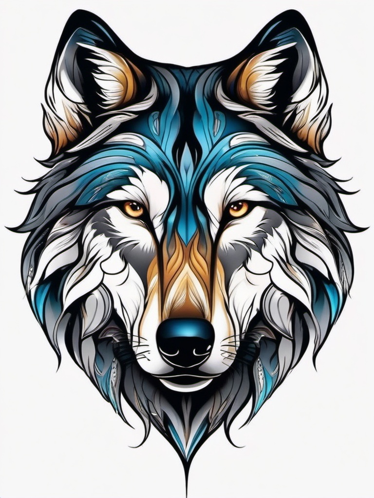 Wolf Face Tattoo,striking tattoo focused on the enigmatic face of a wolf, gaze that pierces the soul. , color tattoo design, white clean background