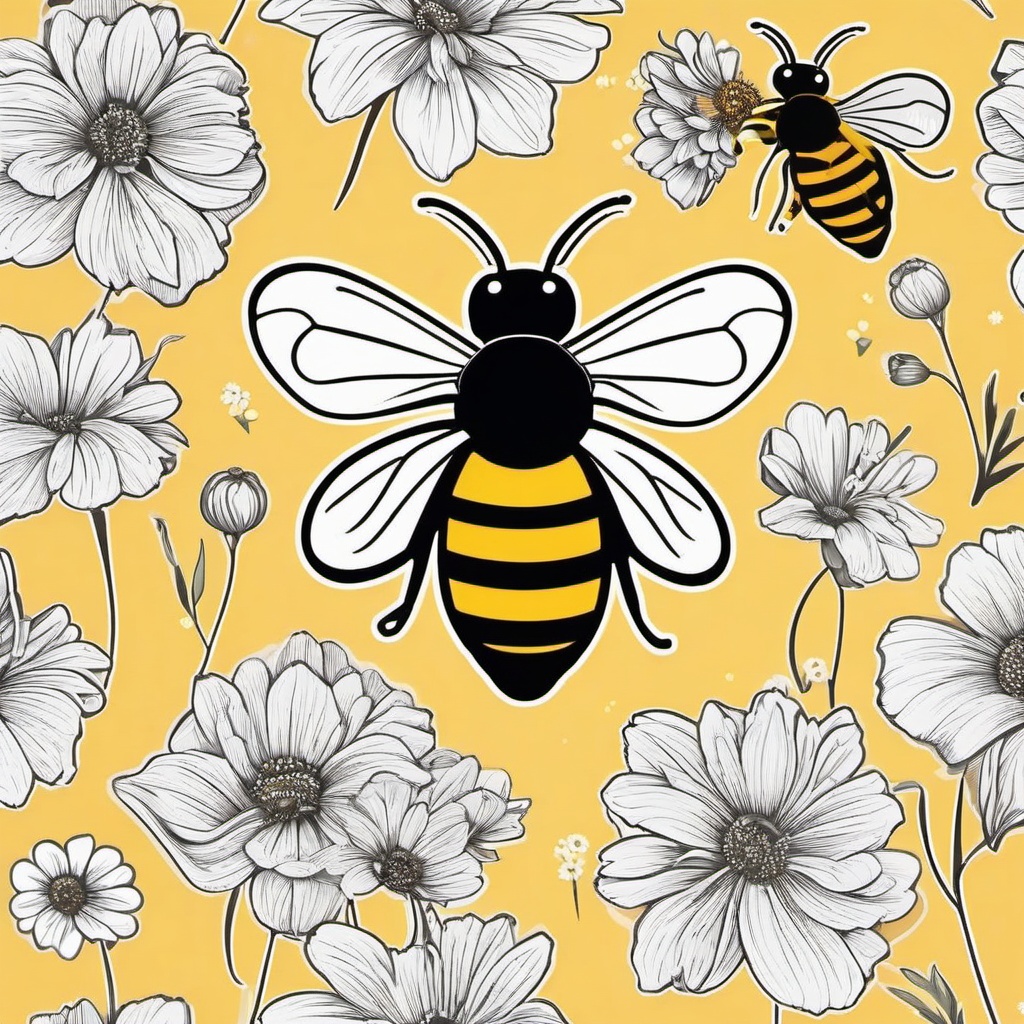 Bee Sticker - A buzzing bee pollinating flowers, ,vector color sticker art,minimal