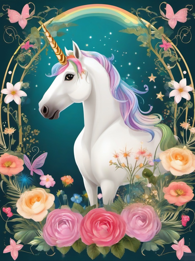 Unicorn clipart - unicorn with a fairy in a whimsical setting  