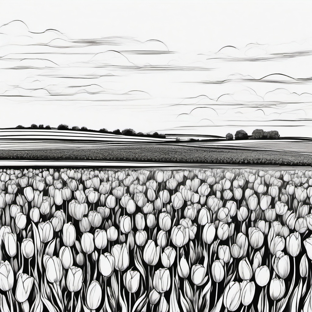 drawing of a tulip field  minimal rough sketch scribbles,doodles,black and white